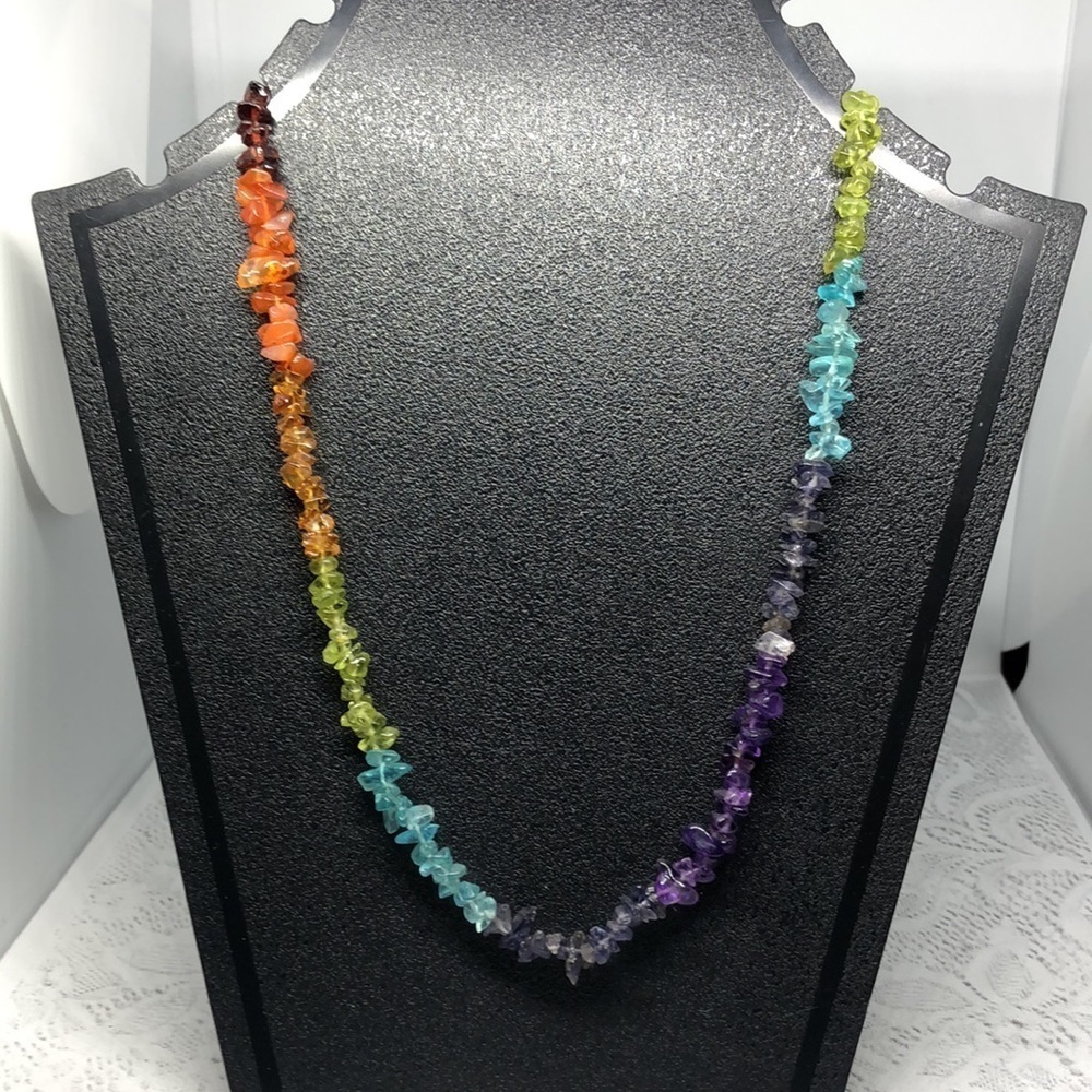 ARTISAN semi precious stone chips boho style necklace colorful single strand.